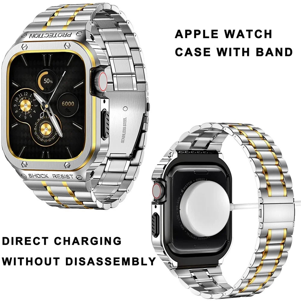 For Apple Watch Series 6 / 5 / 4 / SE (2022) / SE 44mm 5 Beads Metal Watch Strap Integral Watch Band with Case - Silver / Gold - 6