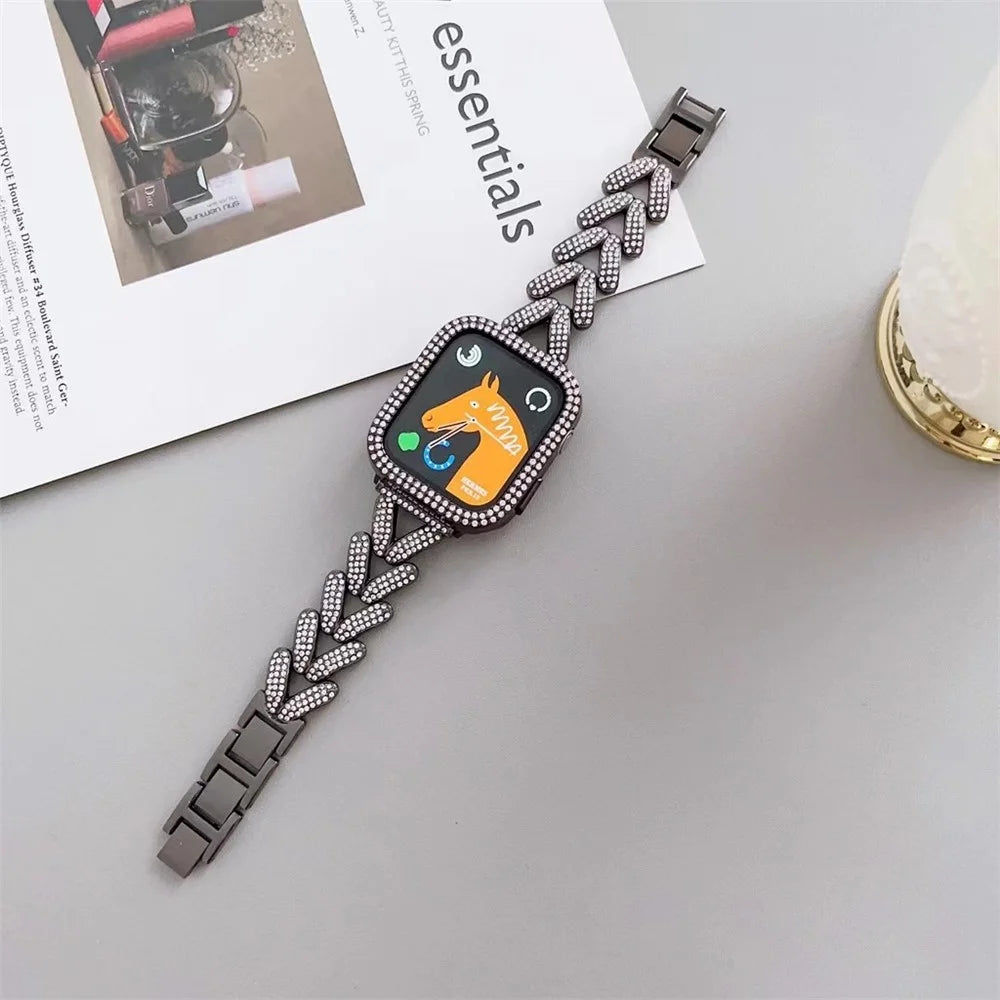 Watch Strap for Apple Watch Series 11 10 42mm / 9 8 7 41mm / SE3 SE2 SE 6 5 4 40mm / 3 2 1 38mm Watch Band Rhinestone Metal Strap - Black - 4