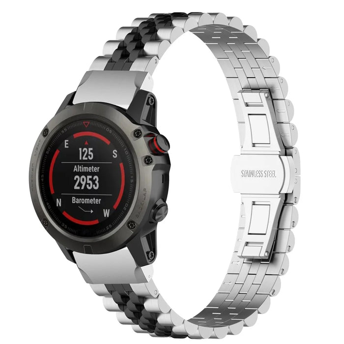 For Garmin Fenix 7X / 6X / 5X Stylish 5 Beads Stainless Steel Watch Strap Replacement Watchband with Tool - Silver / Black - 6