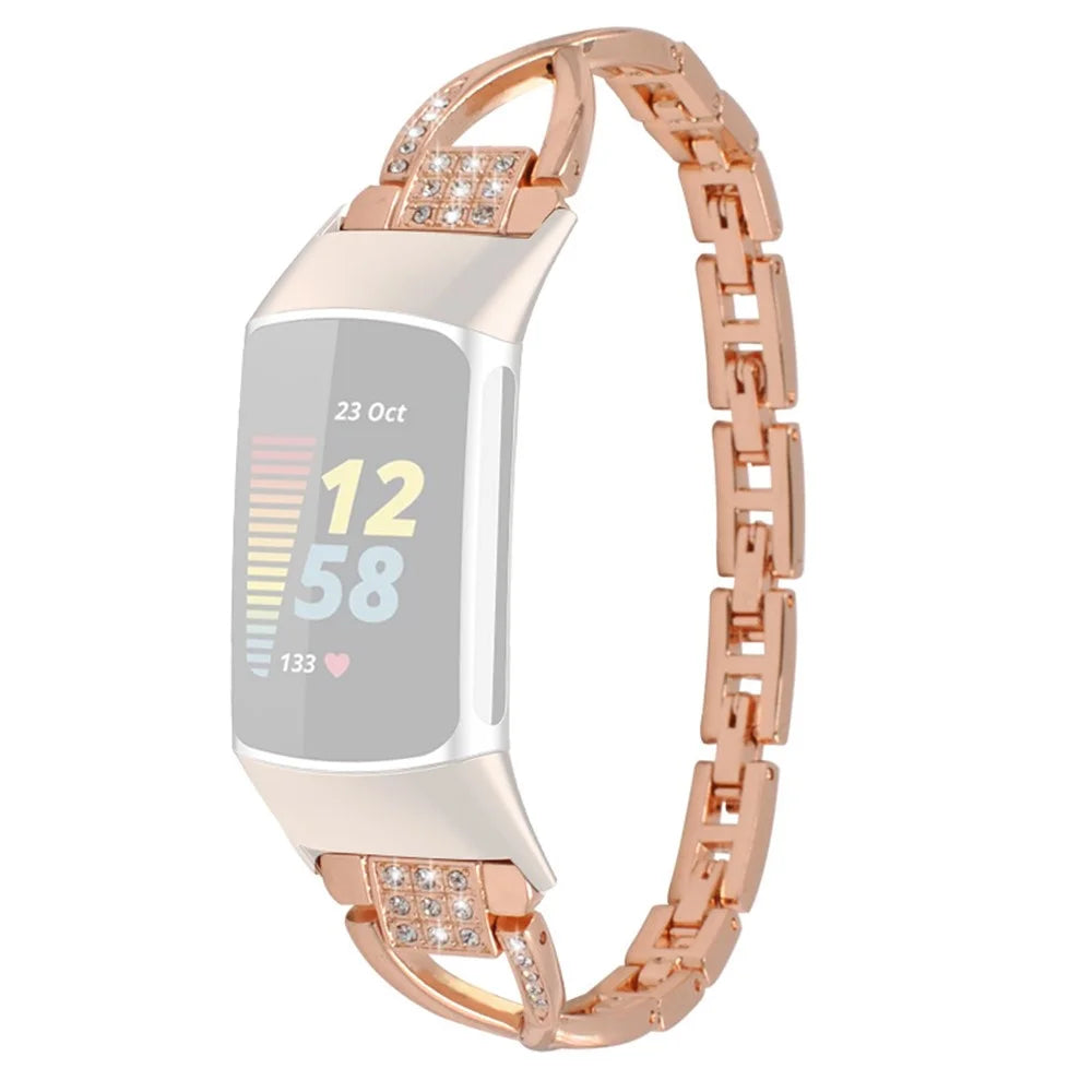 Metal Watch Strap for Fitbit Charge 2 Rhinestones Decor Cross Design Replacement Wrist Band - Rose Gold - 1