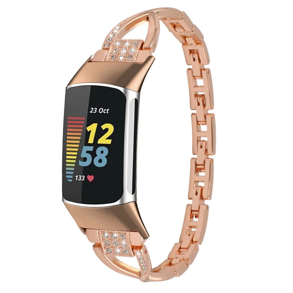 Metal Watch Strap for Fitbit Charge 2 Rhinestones Decor Cross Design Replacement Wrist Band - Rose Gold - 2