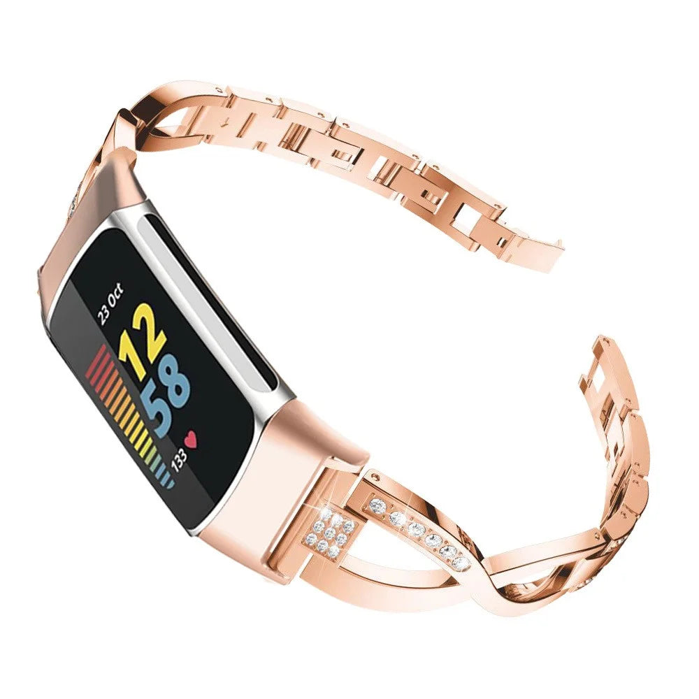 Metal Watch Strap for Fitbit Charge 2 Rhinestones Decor Cross Design Replacement Wrist Band - Rose Gold - 4