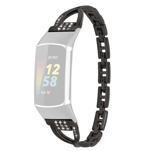 For Fitbit Charge 6 / 5 Rhinestones Decor Cross Design Metal Watch Strap Replacement Wrist Band - Black - 1