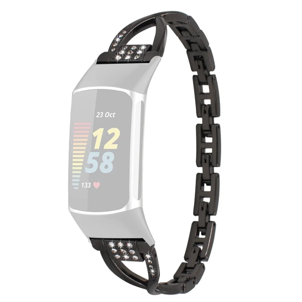 For Fitbit Charge 6 / 5 Rhinestones Decor Cross Design Metal Watch Strap Replacement Wrist Band - Black - 1
