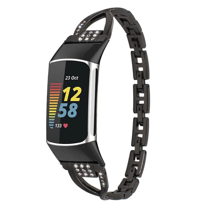 For Fitbit Charge 6 / 5 Rhinestones Decor Cross Design Metal Watch Strap Replacement Wrist Band - Black - 2