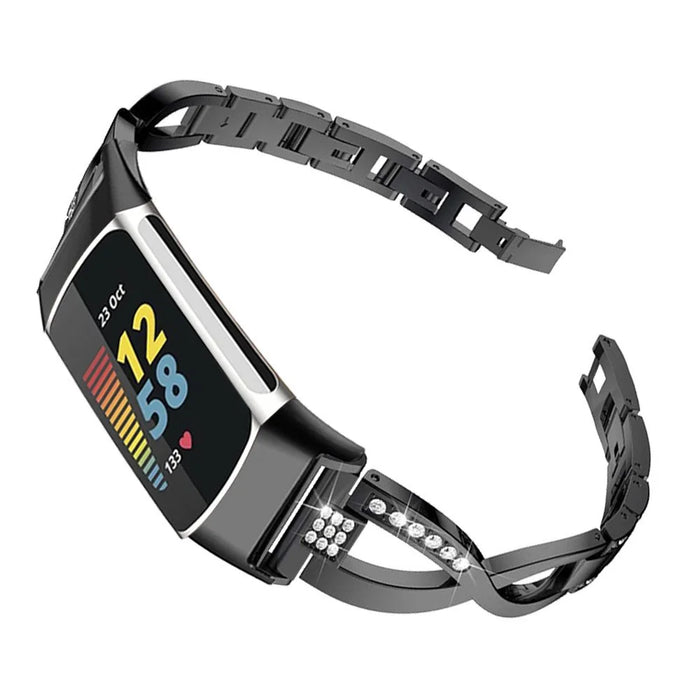 For Fitbit Charge 6 / 5 Rhinestones Decor Cross Design Metal Watch Strap Replacement Wrist Band - Black - 3