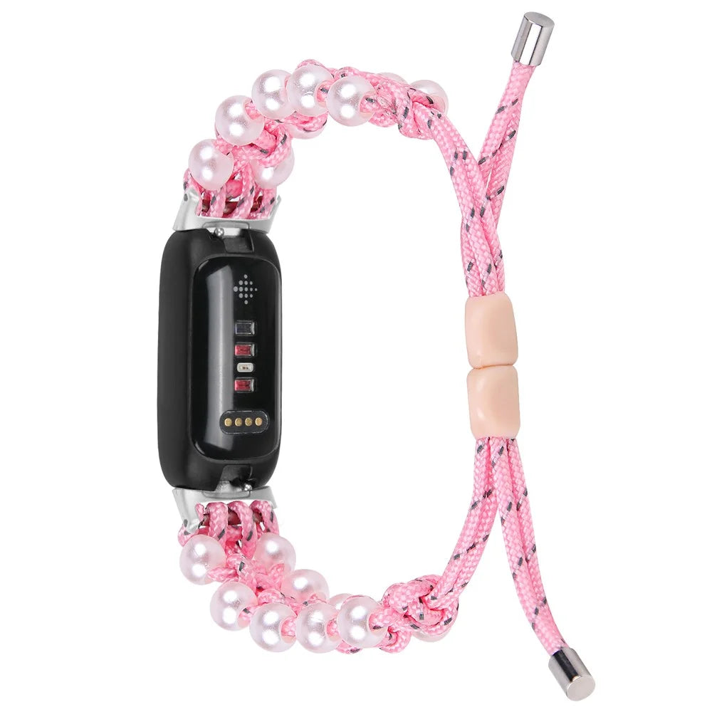 For Fitbit Inspire 3 Pearl Decor Adjustable Braided Rope Wrist Band Stylish Smart Watch Strap - Pink - 1