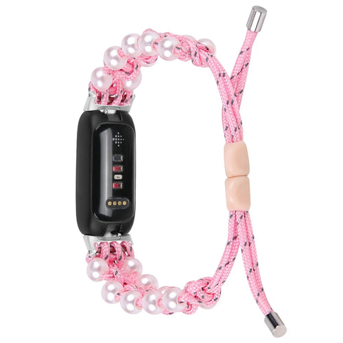 For Fitbit Inspire 3 Pearl Decor Adjustable Braided Rope Wrist Band Stylish Smart Watch Strap - Pink - 1