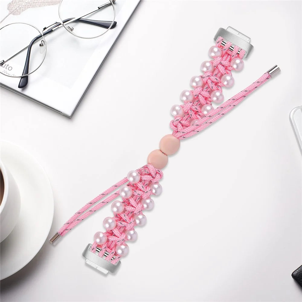 For Fitbit Inspire 3 Pearl Decor Adjustable Braided Rope Wrist Band Stylish Smart Watch Strap - Pink - 4