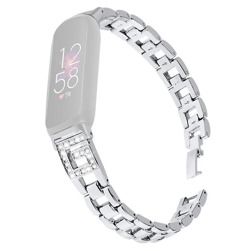 For Fitbit Inspire 3 G-shape Rhinestone Decor Metal Wrist Strap Replacement Watch Band - Silver - 1