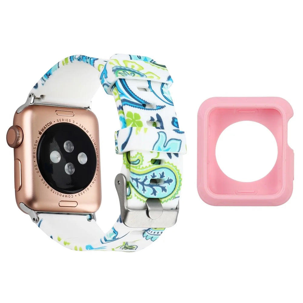 For Apple Watch Series 1 / 2 / 3 38mm Silicone Watch Band Pattern Printing Replacement Strap with Pink TPU Case - Style F - 1