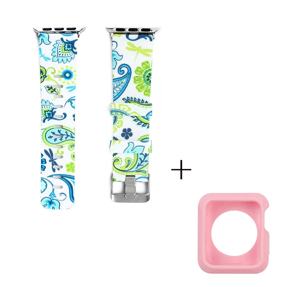 For Apple Watch Series 1 / 2 / 3 38mm Silicone Watch Band Pattern Printing Replacement Strap with Pink TPU Case - Style F - 2