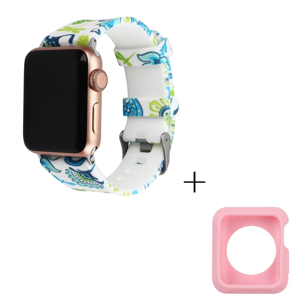 For Apple Watch Series 1 / 2 / 3 38mm Silicone Watch Band Pattern Printing Replacement Strap with Pink TPU Case - Style F - 3