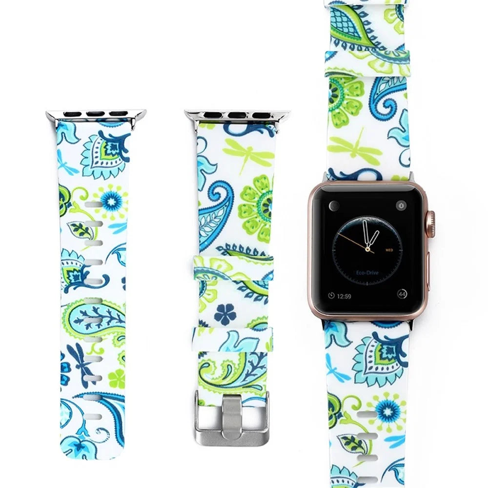 For Apple Watch Series 1 / 2 / 3 38mm Silicone Watch Band Pattern Printing Replacement Strap with Pink TPU Case - Style F - 4