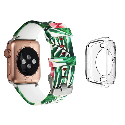 For Apple Watch Series 1 / 2 / 3 38mm Silicone Watchband with Transparent TPU Case Pattern Printed Waxy Cowhide Leather Watchband - Style E - 1