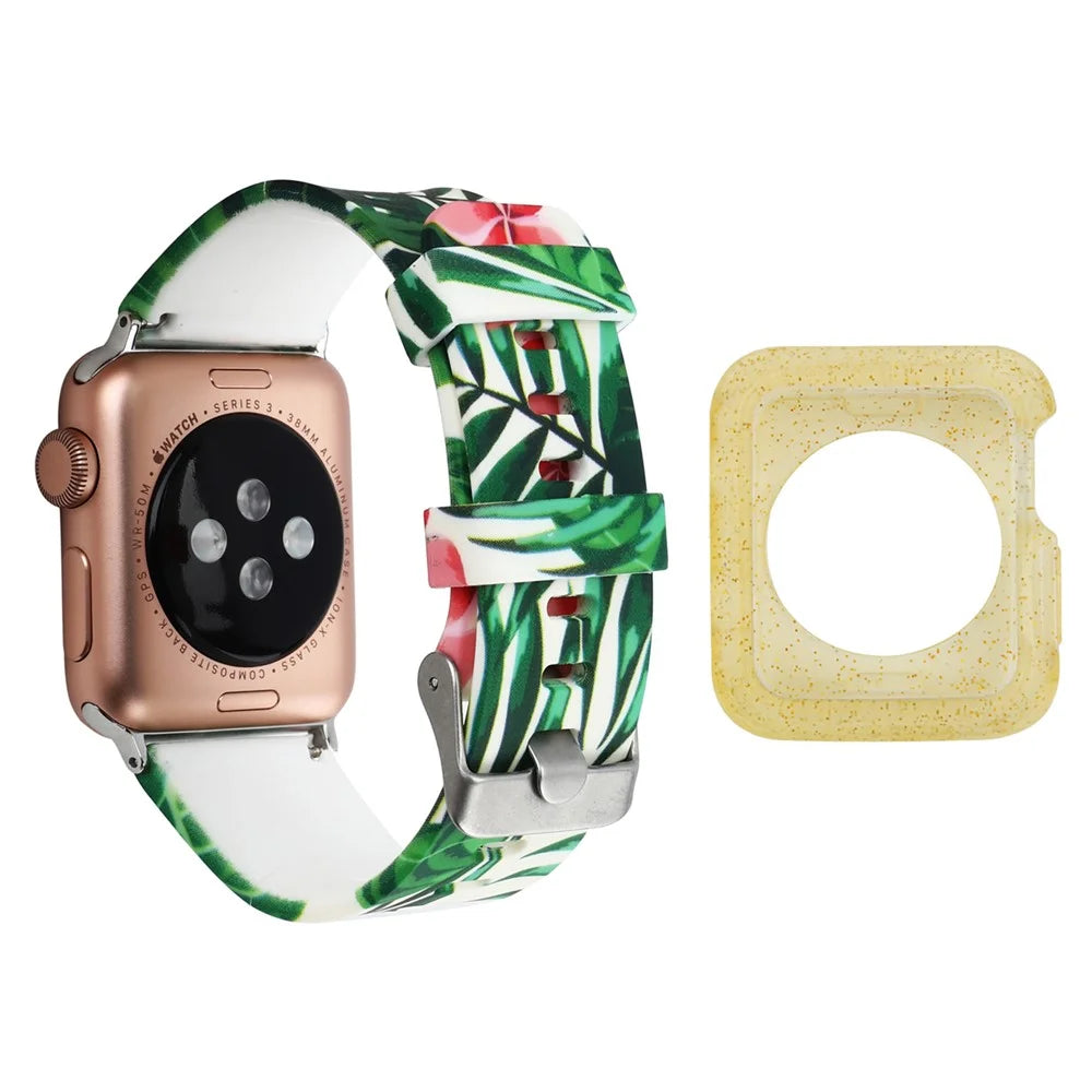 For Apple Watch Series 1 / 2 / 3 38mm Silicone Strap Pattern Printing Watch Band with Yellow TPU Case - Style E - 1