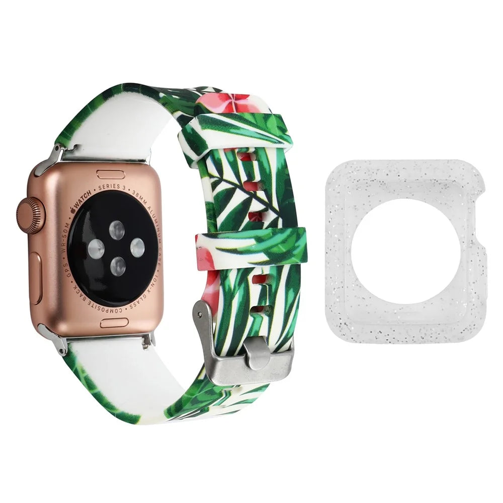 For Apple Watch Series 1 / 2 / 3 38mm Pattern Printed Strap Silicone Watch Band with Silver TPU Case - Style E - 1