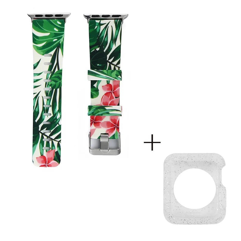 For Apple Watch Series 1 / 2 / 3 38mm Pattern Printed Strap Silicone Watch Band with Silver TPU Case - Style E - 2