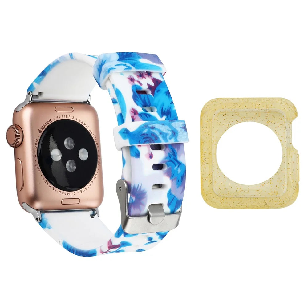 For Apple Watch Series 1 / 2 / 3 42mm Pattern Printed Watch Band with Yellow TPU Case, Silicone Watch Strap - Style G - 1