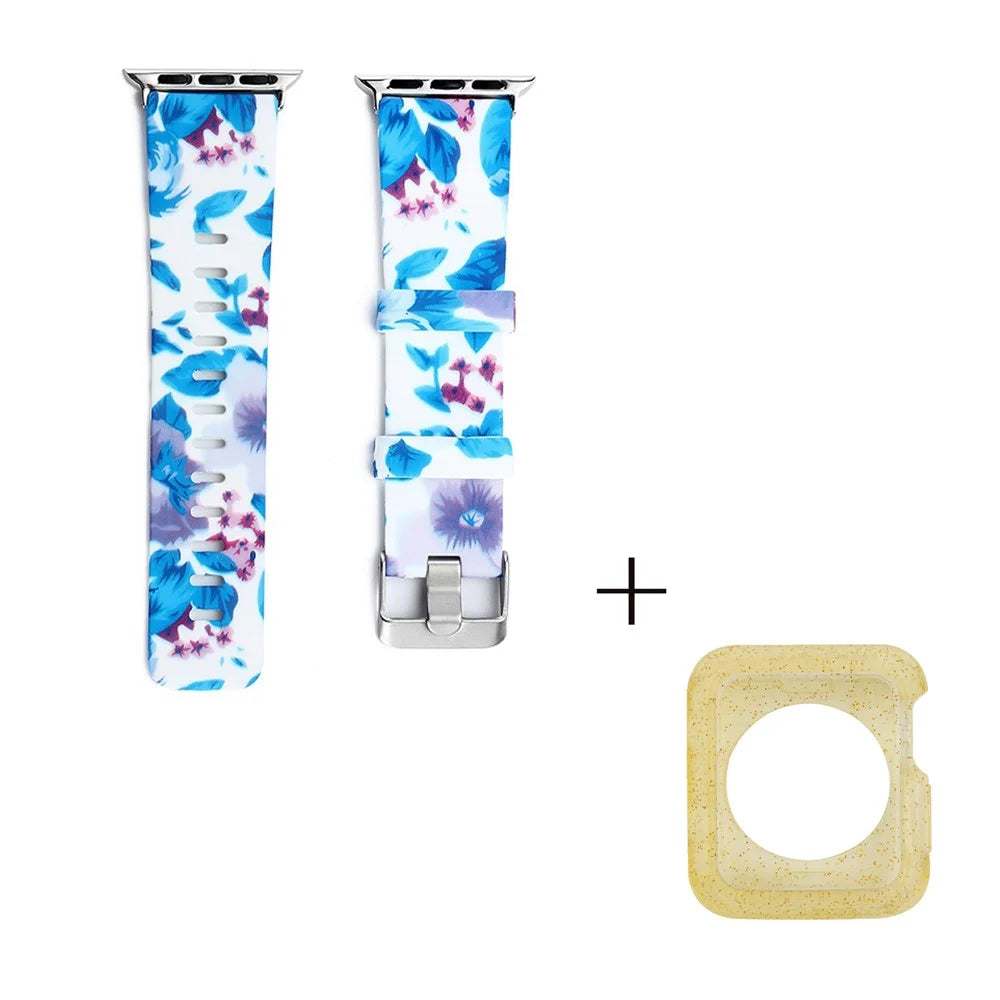 For Apple Watch Series 1 / 2 / 3 42mm Pattern Printed Watch Band with Yellow TPU Case, Silicone Watch Strap - Style G - 2
