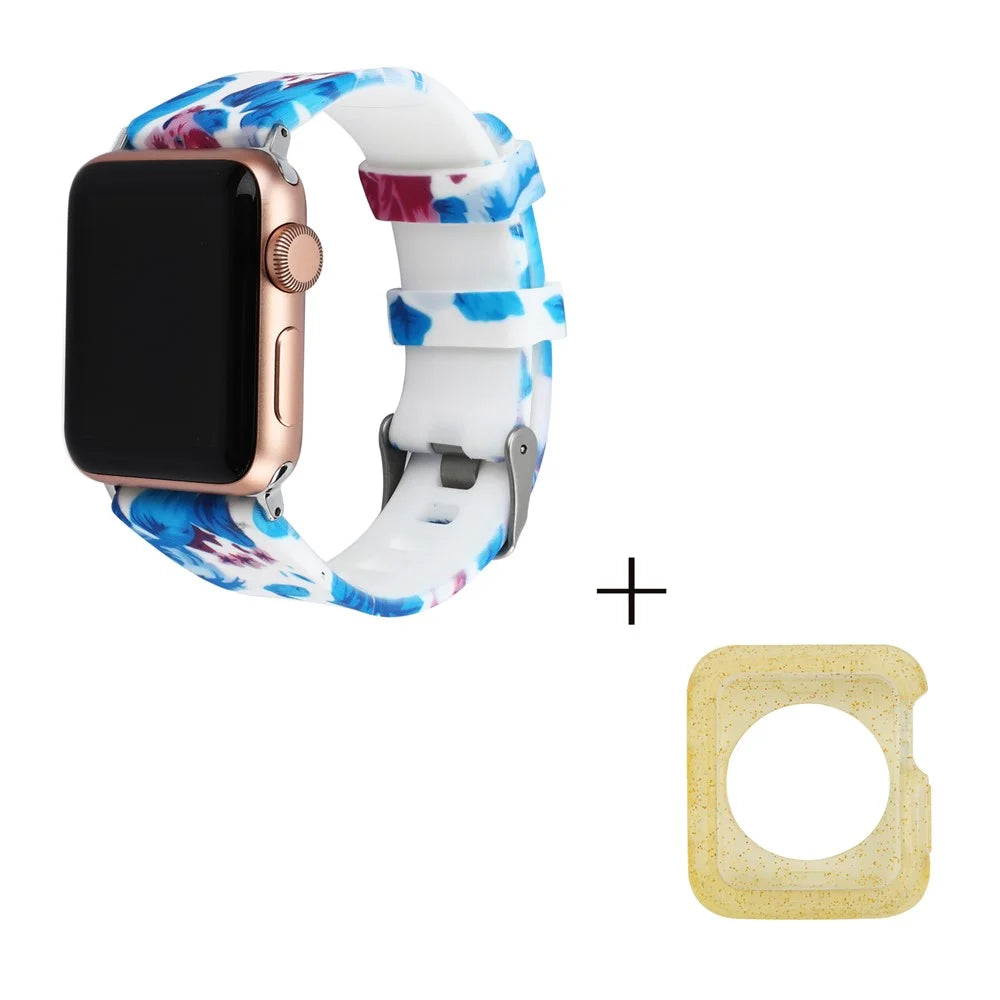For Apple Watch Series 1 / 2 / 3 42mm Pattern Printed Watch Band with Yellow TPU Case, Silicone Watch Strap - Style G - 3