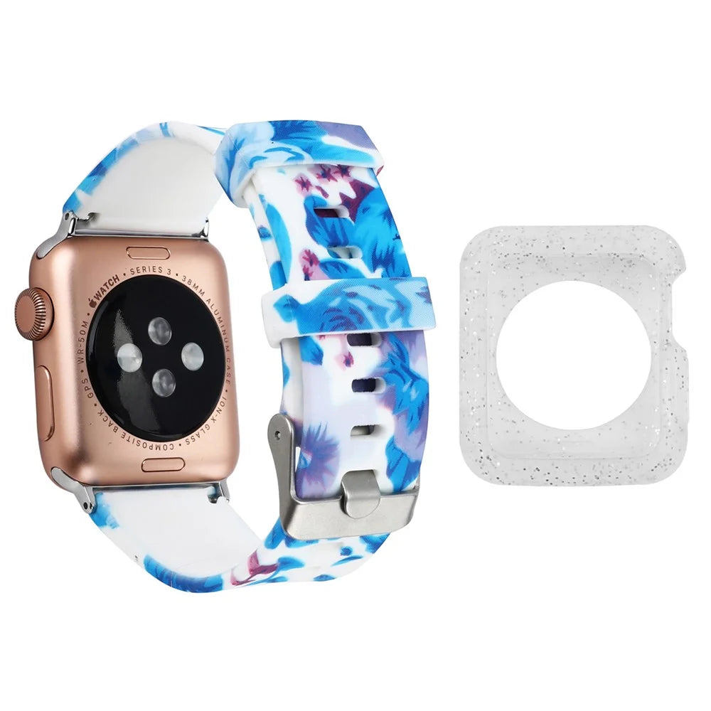 For Apple Watch Series 1 / 2 / 3 42mm Silicone Watchband with Silver TPU Case, Pattern Printed Watch Strap - Style G - 1