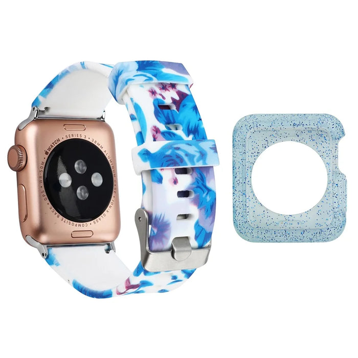 For Apple Watch Series 1 / 2 / 3 42mm Soft Silicone Strap Pattern Printed Watch Band with Blue TPU Case - Style G - 1