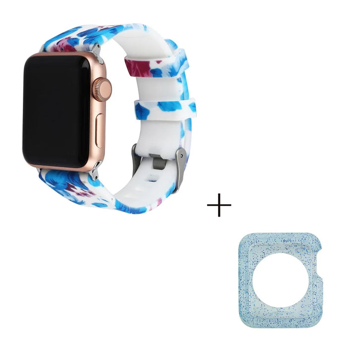 For Apple Watch Series 1 / 2 / 3 42mm Soft Silicone Strap Pattern Printed Watch Band with Blue TPU Case - Style G - 3