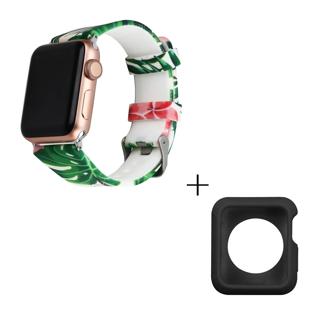 For Apple Watch Series 1  /  2  /  3 38mm Replace Silicone Strap Pattern Printing Watch Band with Black TPU Case - Style E - 3