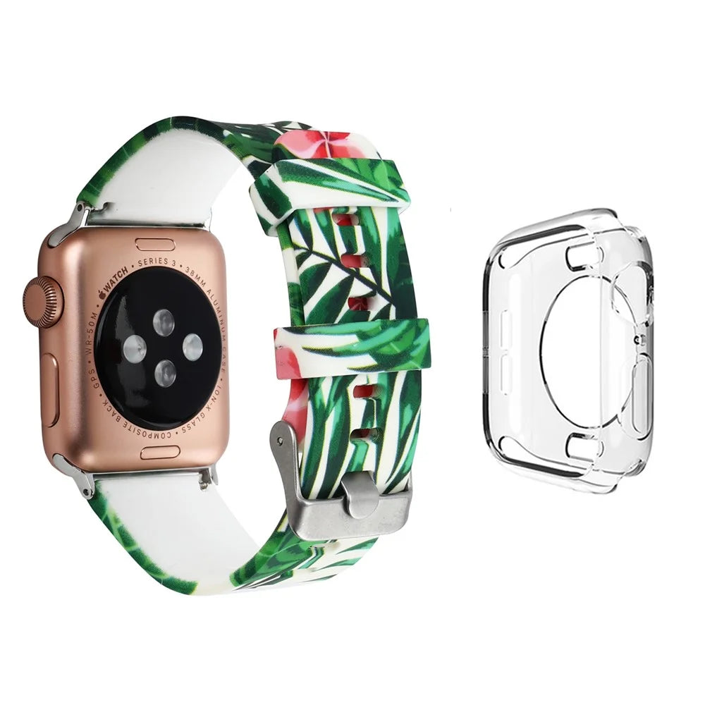 For Apple Watch Series 1  /  2  /  3 42mm Pattern Printing Watch Band Adjustable Silicone Strap with Transparent TPU Case - Style E - 1