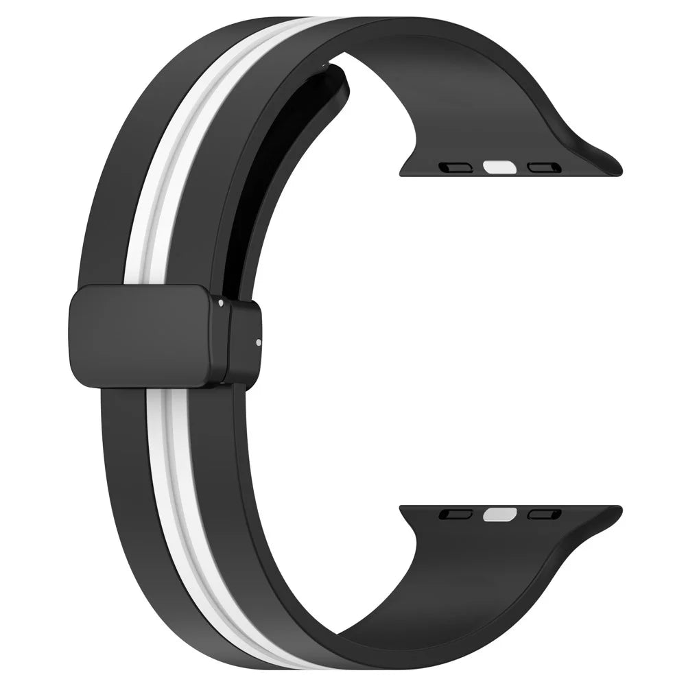 Waxy Cowhide Leather Watchband for Apple Watch Series 11 10 42mm / 9 8 7 41mm / SE3 SE2 SE 6 5 4 40mm / 3 2 1 38mm Bi-Color Silicone Strap Magnetic Buckle - Black / White - 2
