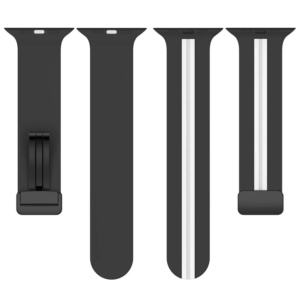 Waxy Cowhide Leather Watchband for Apple Watch Series 11 10 42mm / 9 8 7 41mm / SE3 SE2 SE 6 5 4 40mm / 3 2 1 38mm Bi-Color Silicone Strap Magnetic Buckle - Black / White - 4