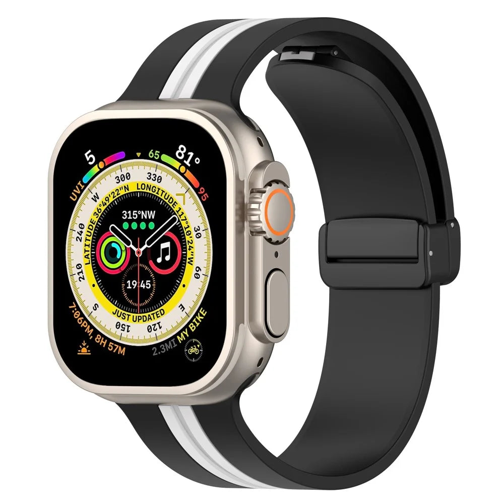 Waxy Cowhide Leather Watchband for Apple Watch Series 11 10 42mm / 9 8 7 41mm / SE3 SE2 SE 6 5 4 40mm / 3 2 1 38mm Bi-Color Silicone Strap Magnetic Buckle - Black / White - 5
