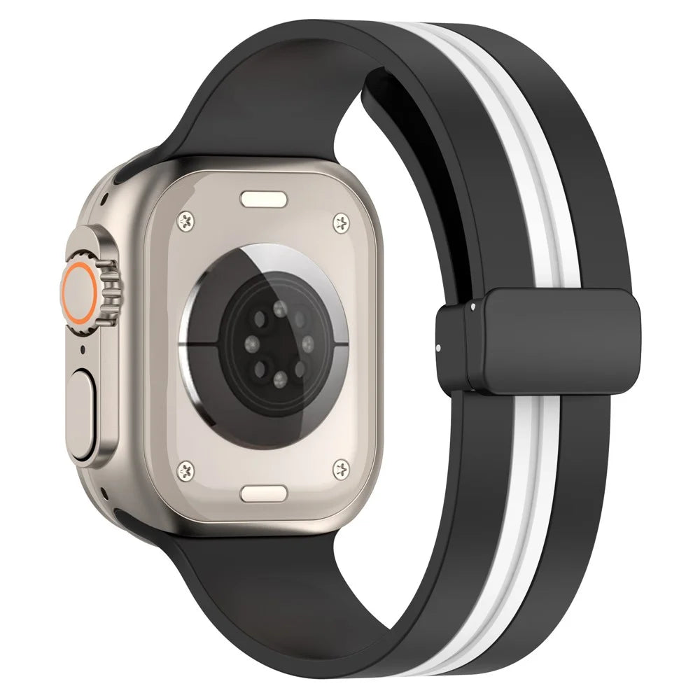 For Apple Watch Ultra 3 2 1 49mm / Series 11 10 46mm / 9 8 7 45mm / SE3 SE2 SE 6 5 4 44mm / 3 2 1 42mm Dual Color Magnetic Buckle Strap Silicone Watch Band - Black / White - 1