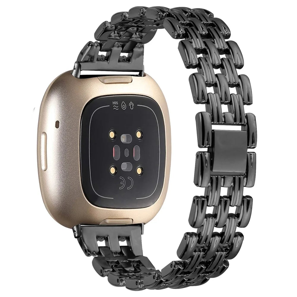 For Fitbit Versa 4 / Sense 2 Stainless Steel Replacement Strap Hollow 5 Beads Metal Watch Band - Black - 1