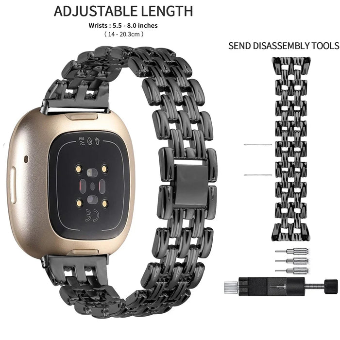 For Fitbit Versa 4 / Sense 2 Stainless Steel Replacement Strap Hollow 5 Beads Metal Watch Band - Black - 7
