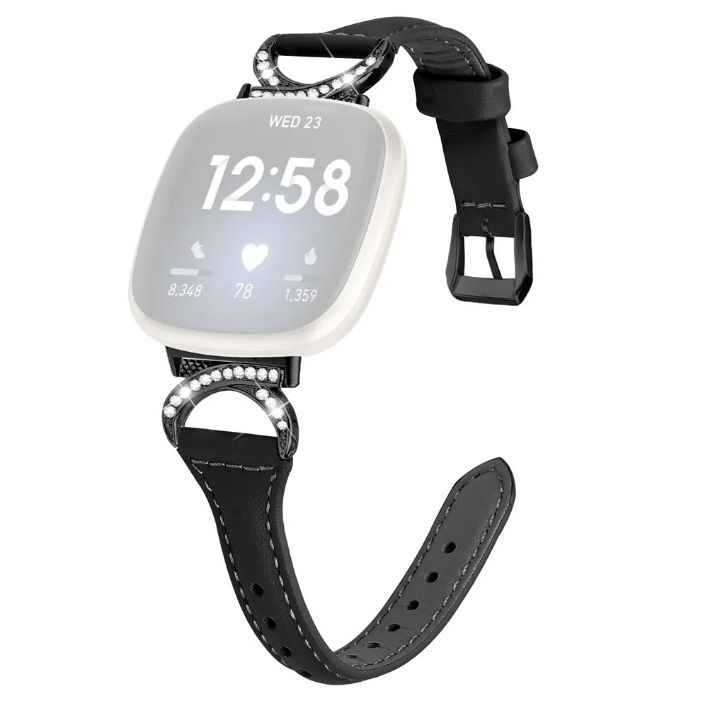 For Fitbit Versa 3 / Versa 4 / Sense / Sense 2 Rhinestone Watch Strap Genuine Cowhide Leather Watch Band with Black Buckle - Black - 1