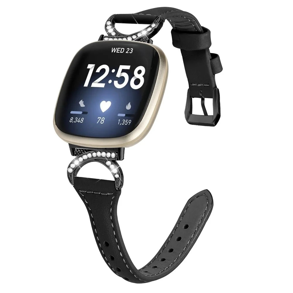 For Fitbit Versa 3 / Versa 4 / Sense / Sense 2 Rhinestone Watch Strap Genuine Cowhide Leather Watch Band with Black Buckle - Black - 2