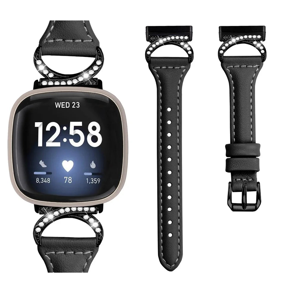 For Fitbit Versa 3 / Versa 4 / Sense / Sense 2 Rhinestone Watch Strap Genuine Cowhide Leather Watch Band with Black Buckle - Black - 3