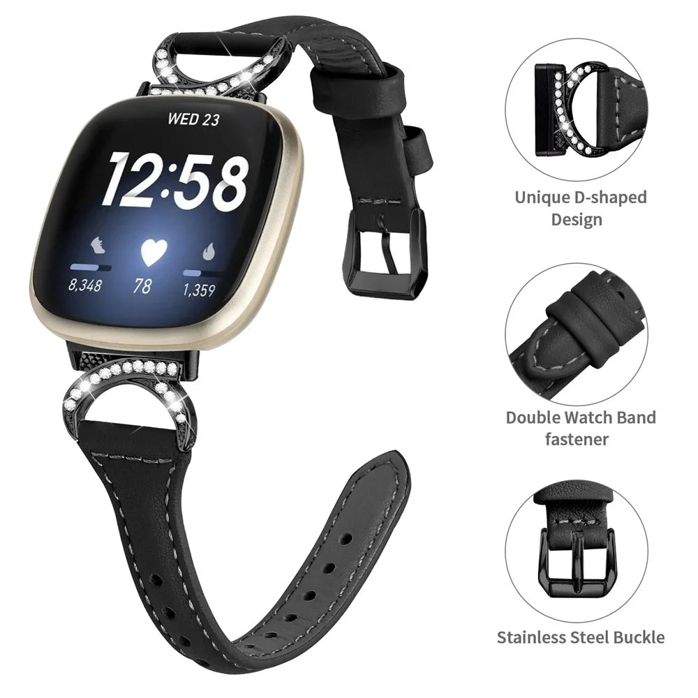 For Fitbit Versa 3 / Versa 4 / Sense / Sense 2 Rhinestone Watch Strap Genuine Cowhide Leather Watch Band with Black Buckle - Black - 4
