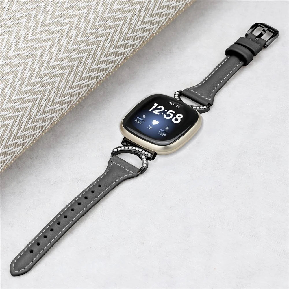 For Fitbit Versa 3 / Versa 4 / Sense / Sense 2 Rhinestone Watch Strap Genuine Cowhide Leather Watch Band with Black Buckle - Black - 5