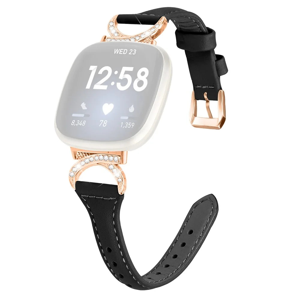 Genuine Cowhide Leather Watch Band for Fitbit Versa 3 / Versa 4 / Sense / Sense 2 , Rhinestone Decor Wristband Strap with Rose Gold Buckle - Black - 1