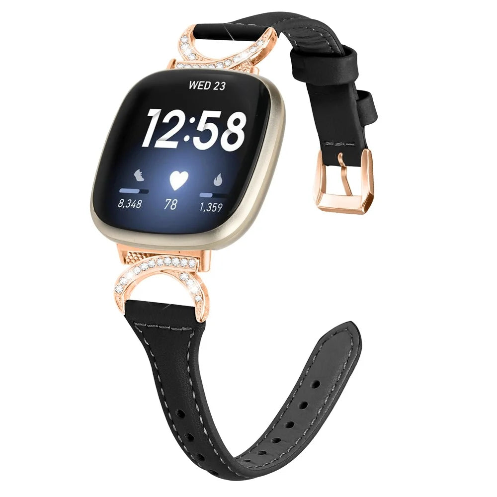 Genuine Cowhide Leather Watch Band for Fitbit Versa 3 / Versa 4 / Sense / Sense 2 , Rhinestone Decor Wristband Strap with Rose Gold Buckle - Black - 2