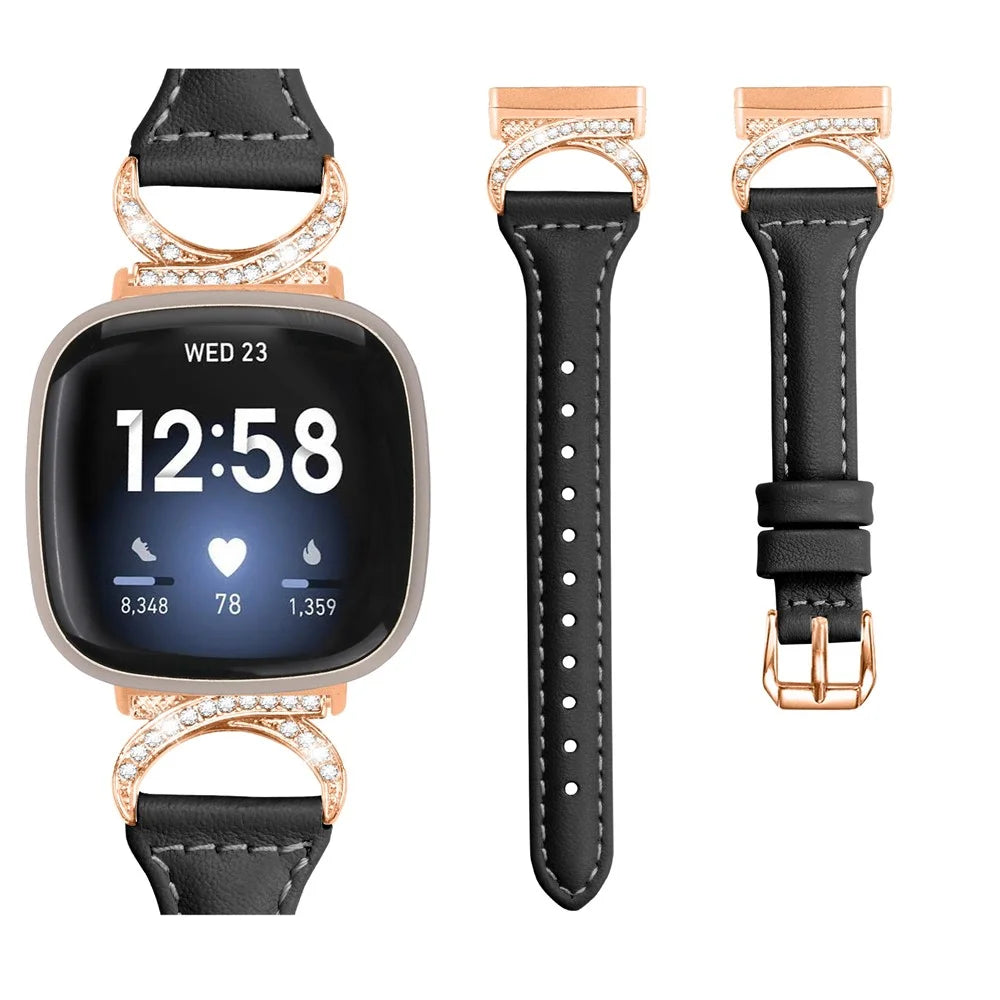 Genuine Cowhide Leather Watch Band for Fitbit Versa 3 / Versa 4 / Sense / Sense 2 , Rhinestone Decor Wristband Strap with Rose Gold Buckle - Black - 3