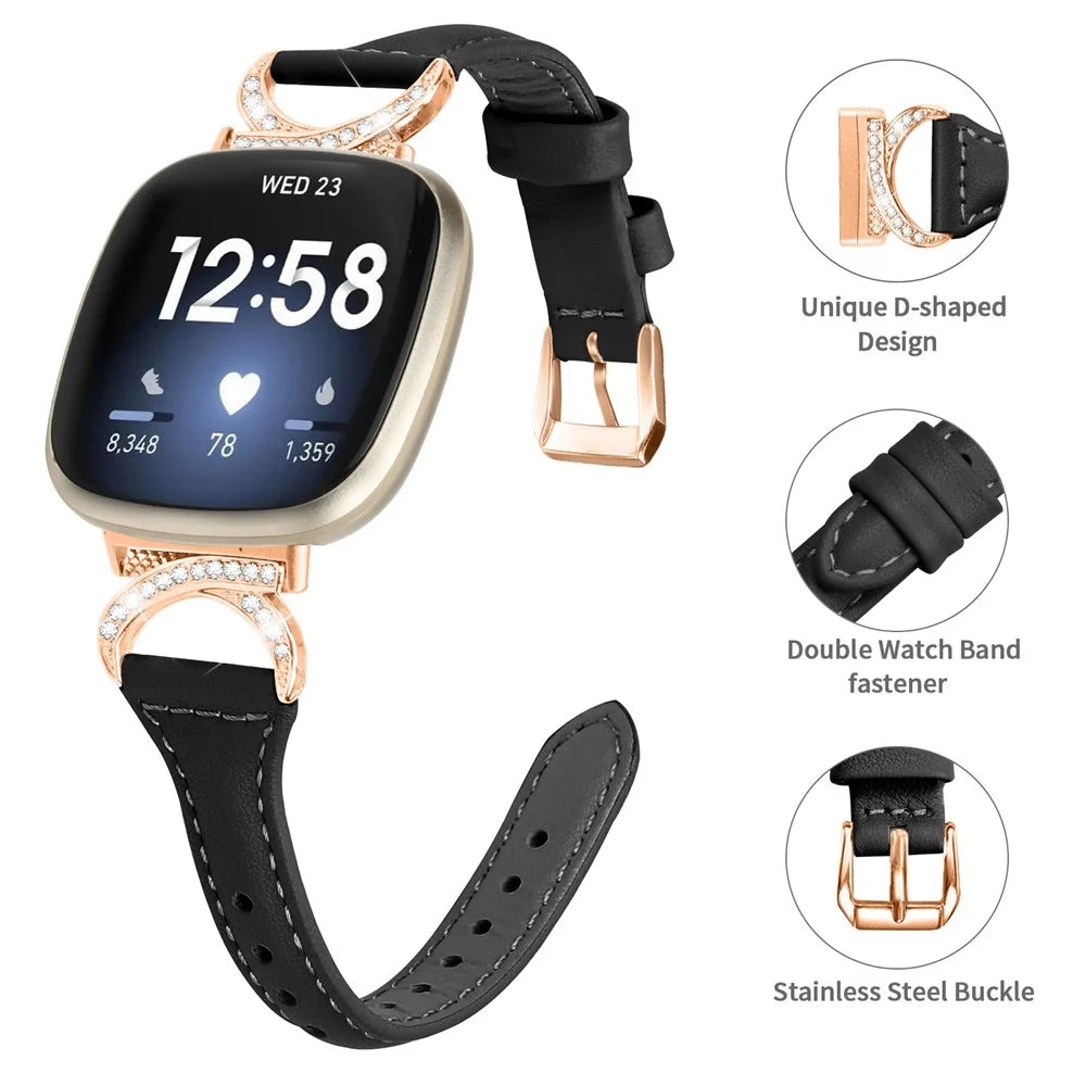 Genuine Cowhide Leather Watch Band for Fitbit Versa 3 / Versa 4 / Sense / Sense 2 , Rhinestone Decor Wristband Strap with Rose Gold Buckle - Black - 4