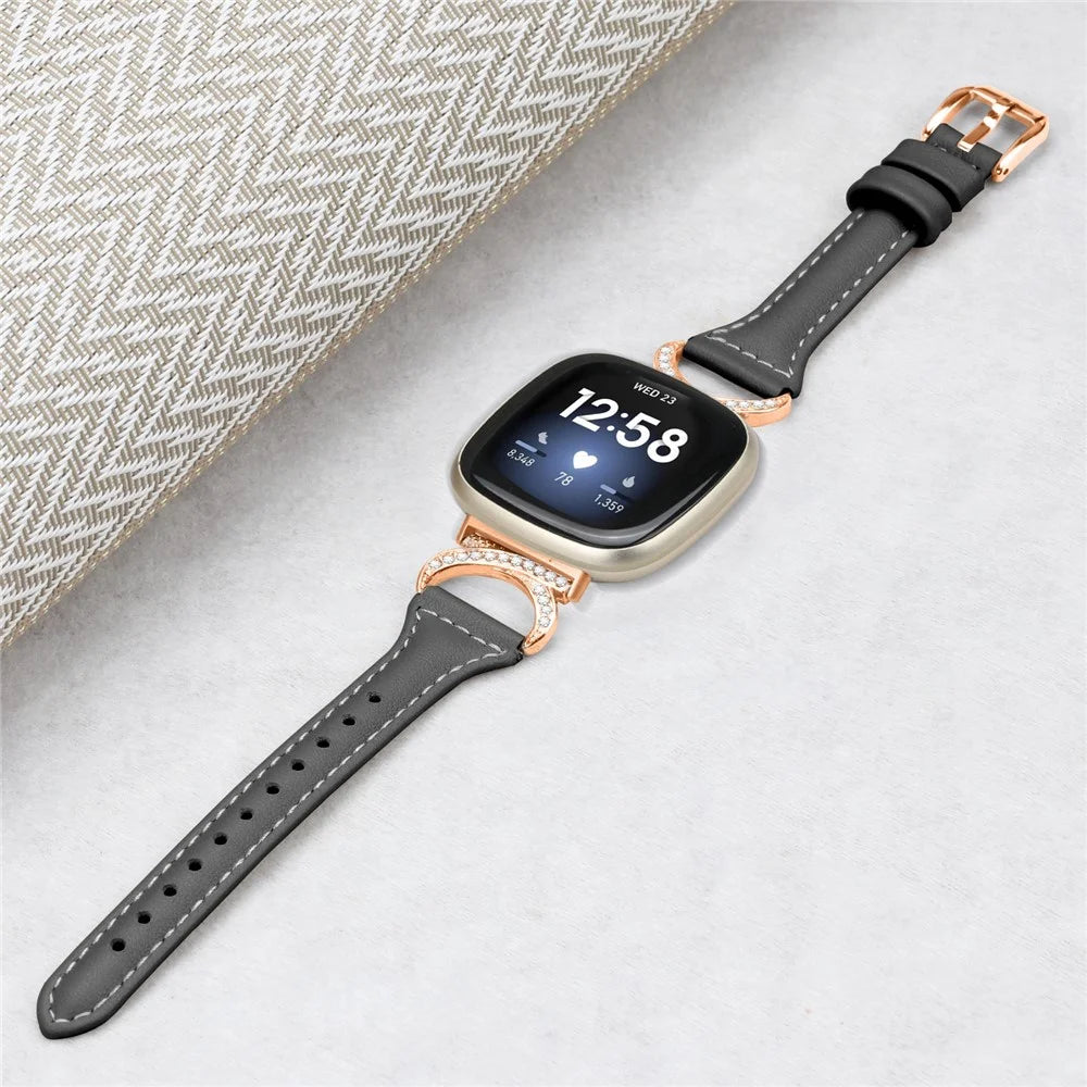 Genuine Cowhide Leather Watch Band for Fitbit Versa 3 / Versa 4 / Sense / Sense 2 , Rhinestone Decor Wristband Strap with Rose Gold Buckle - Black - 5