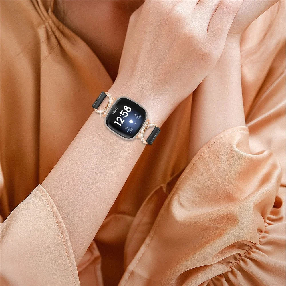 Genuine Cowhide Leather Watch Band for Fitbit Versa 3 / Versa 4 / Sense / Sense 2 , Rhinestone Decor Wristband Strap with Rose Gold Buckle - Black - 6