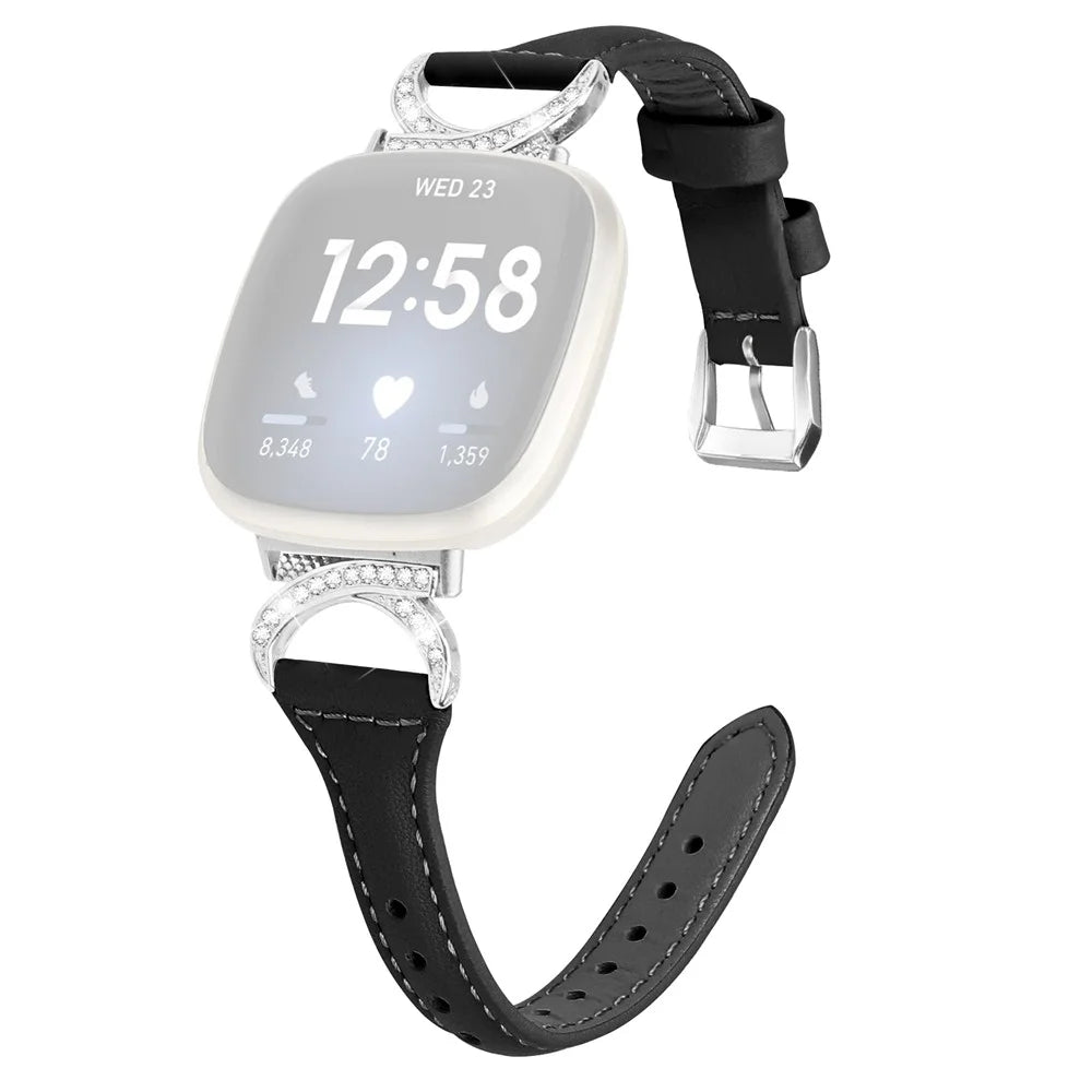 For Fitbit Versa 3 / Versa 4 / Sense / Sense 2 Watch Band Rhinestone Genuine Cowhide Leather Strap with Silver Buckle - Black - 1