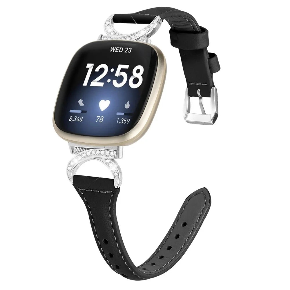 For Fitbit Versa 3 / Versa 4 / Sense / Sense 2 Watch Band Rhinestone Genuine Cowhide Leather Strap with Silver Buckle - Black - 2