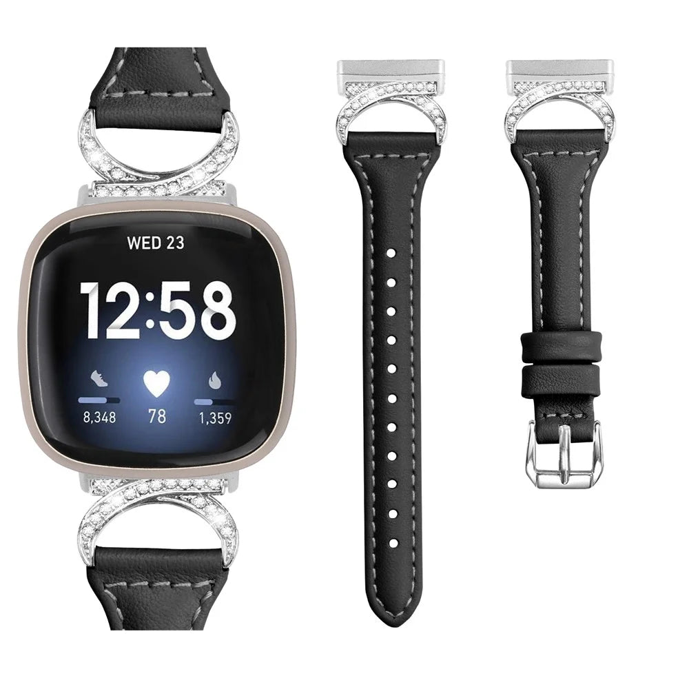 For Fitbit Versa 3 / Versa 4 / Sense / Sense 2 Watch Band Rhinestone Genuine Cowhide Leather Strap with Silver Buckle - Black - 3